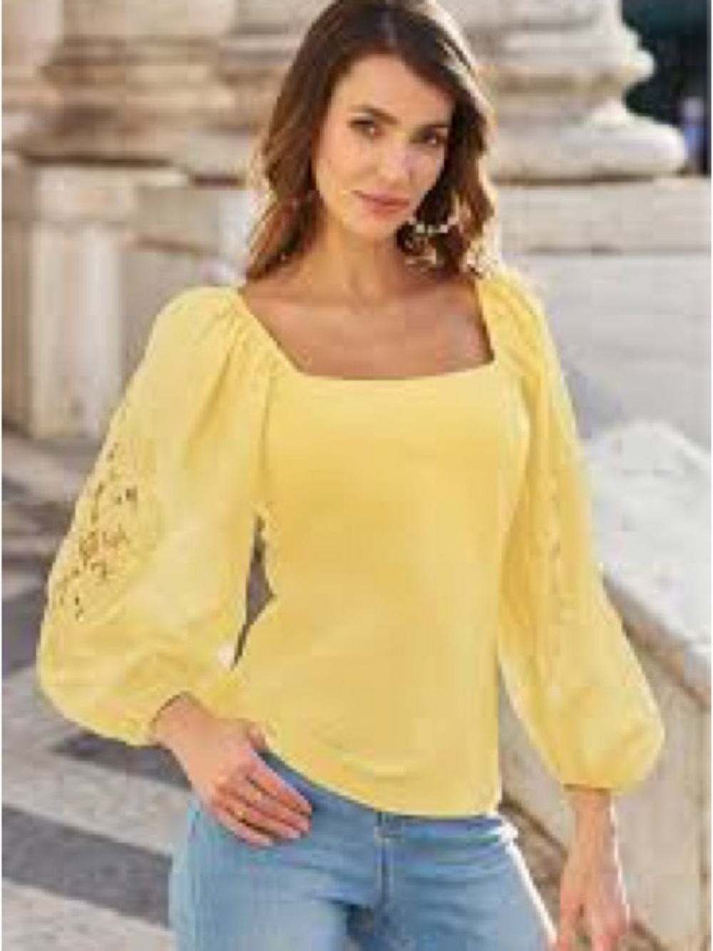 Boston Proper Yellow Square-Neck Puff Sleeve Top